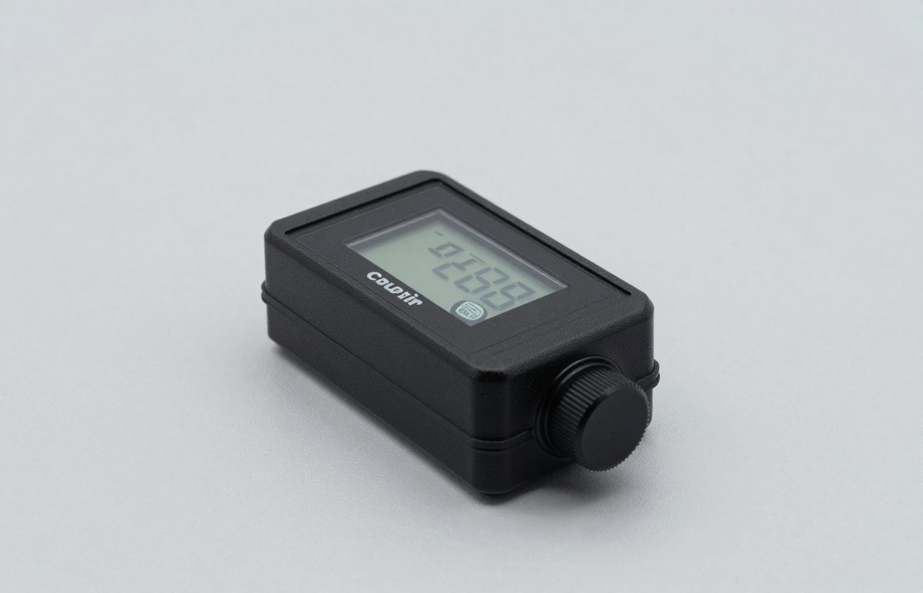 A small black electric trailer brake controller head unit with a digital display and a slider knob