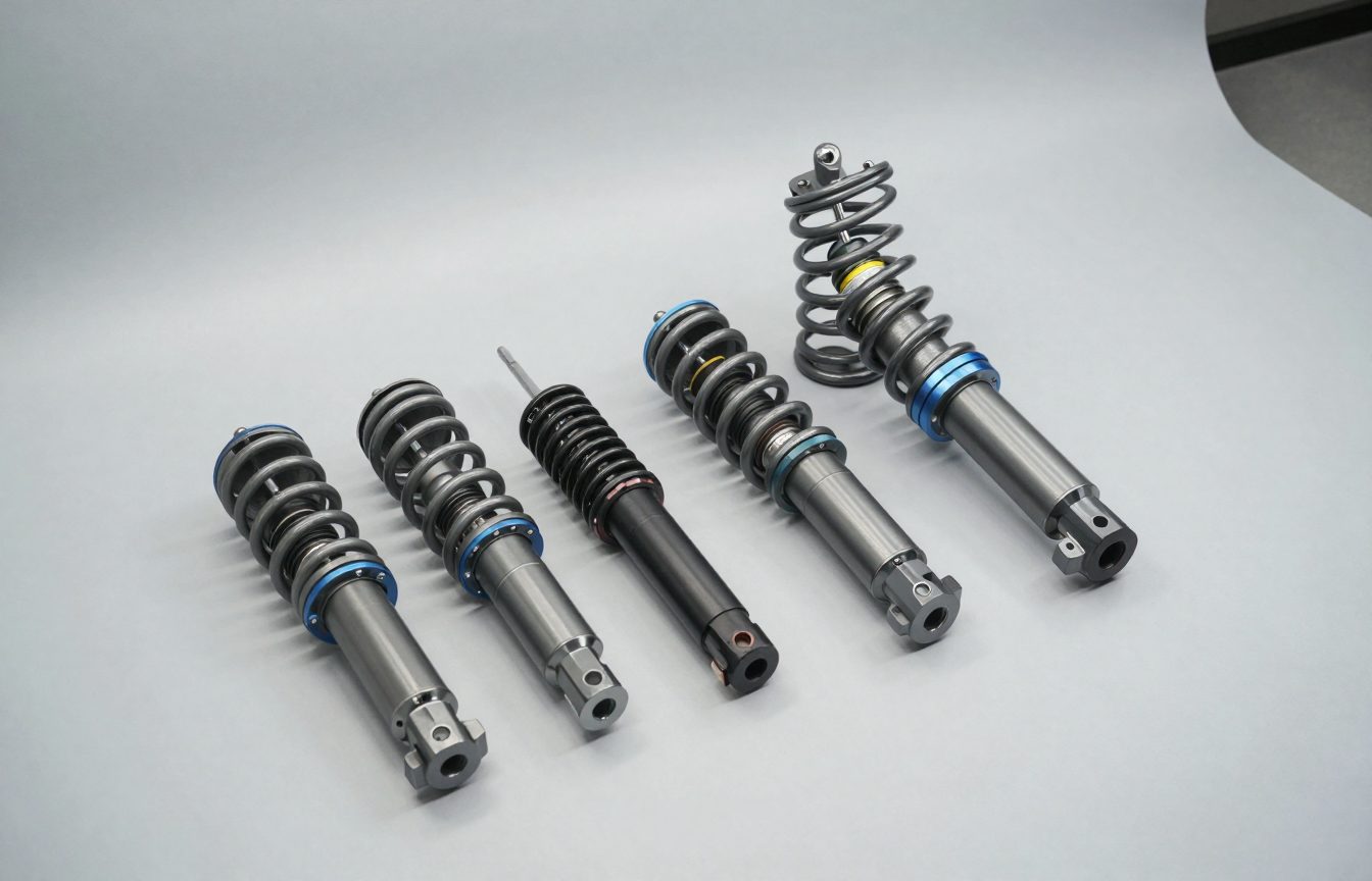 Heavy-duty upgraded coil springs and shock absorbers for a ute suspension laid out on a workshop floor