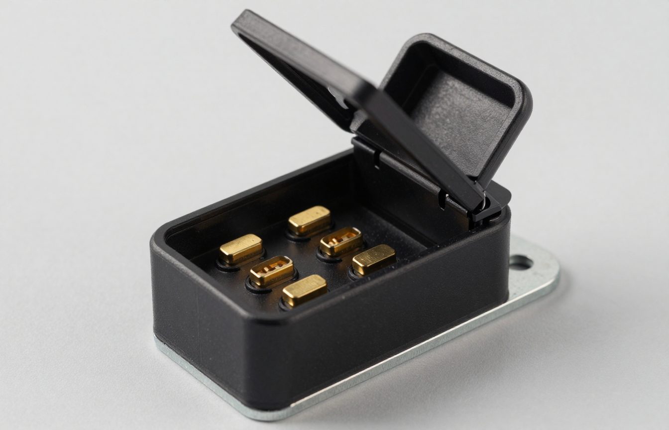 Close-up of a rectangular black plastic Australian 7-pin flat trailer socket mounted on a steel towbar plate