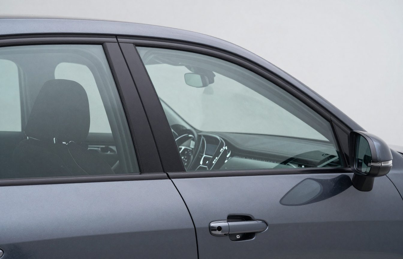 A dark grey car side window partly covered with tint film
